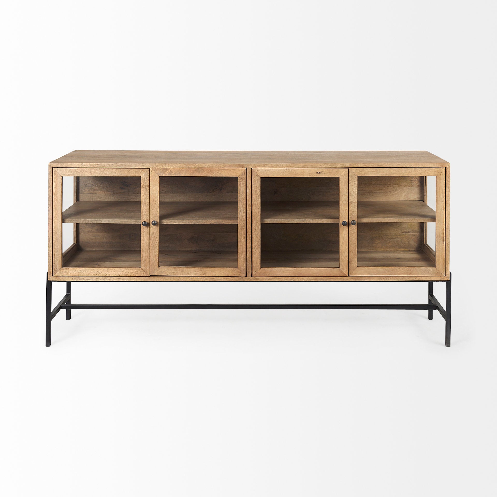Mercana Arelius Light Brown Wood Black Metal Base with 4 Glass Cabinet Doors Sideboard