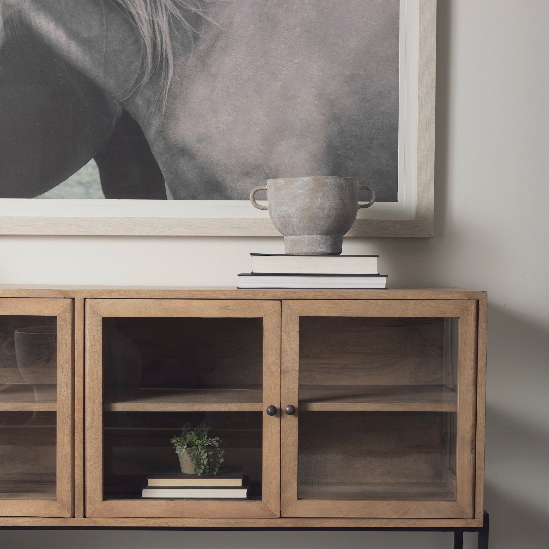 Mercana Arelius Light Brown Wood Black Metal Base with 4 Glass Cabinet Doors Sideboard