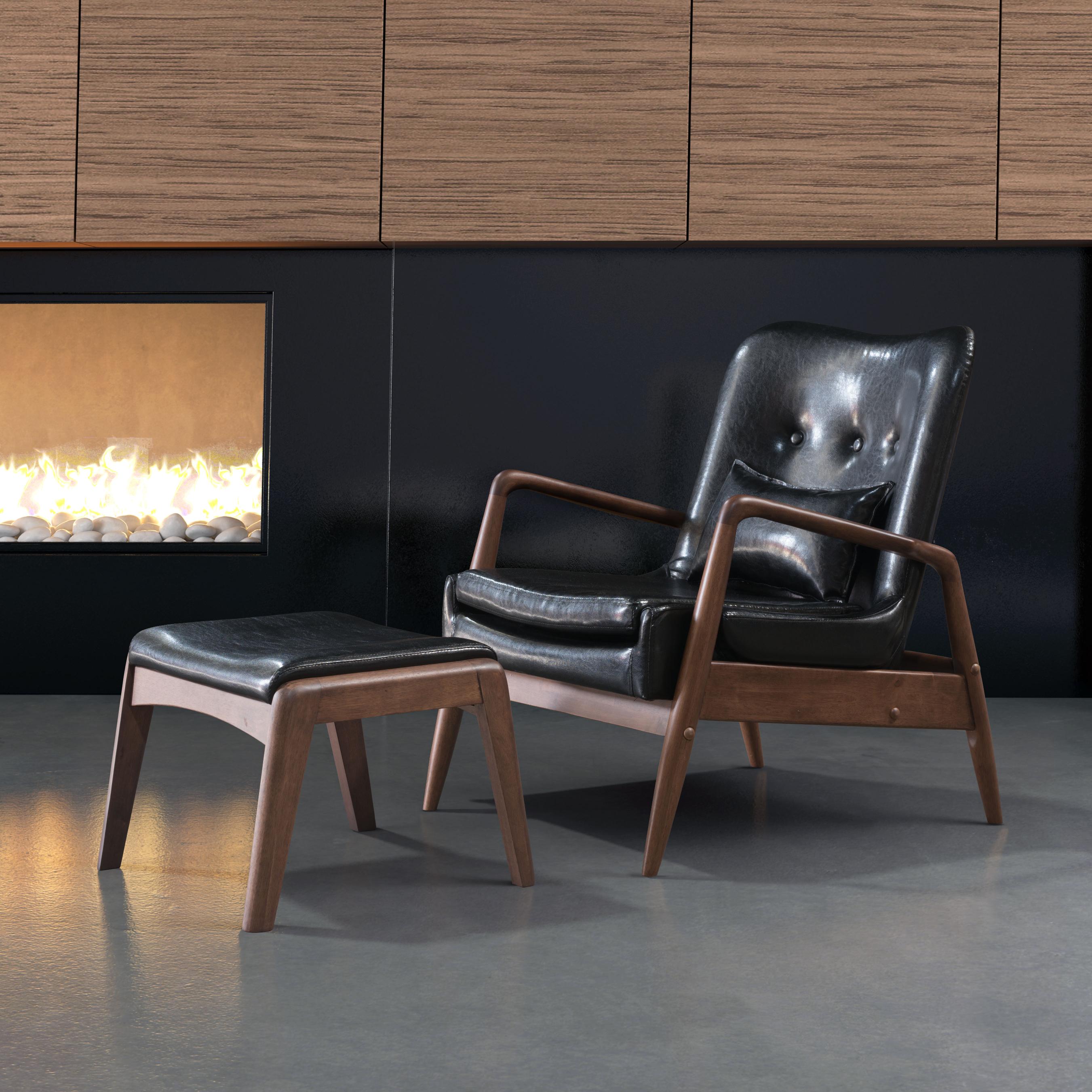 Zuo Modern Bully Lounge Chair and Ottoman Black/Brown, Black, Lounge Chairs, Faux Leather, Polyurethane, Rubberwood , Rectangular, 4 Legs, Outdoor