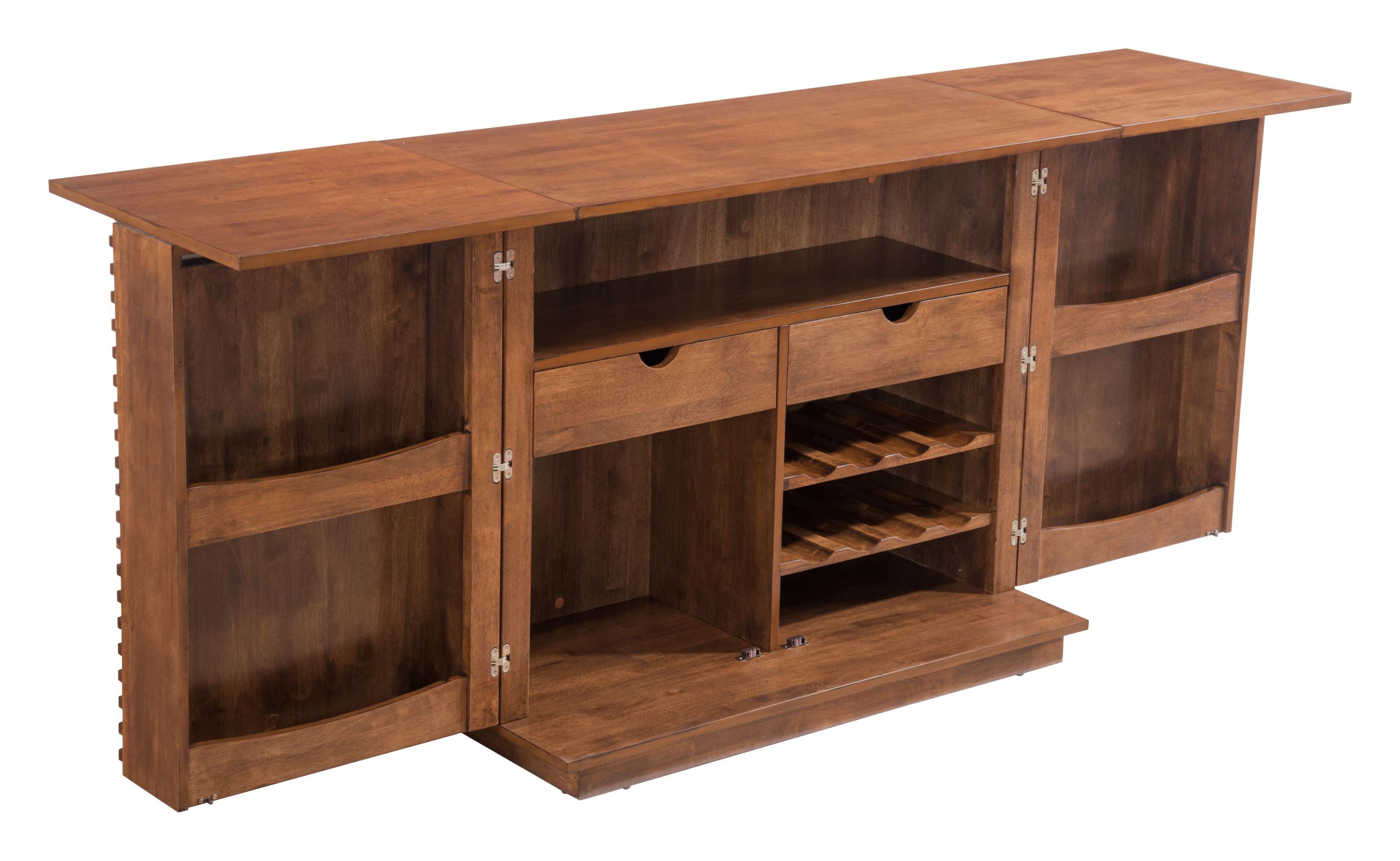 Zuo Modern Linea Bar Cabinet in Walnut, Bar Cart , Medium-density fibreboard (MDF), Rubberwood ,