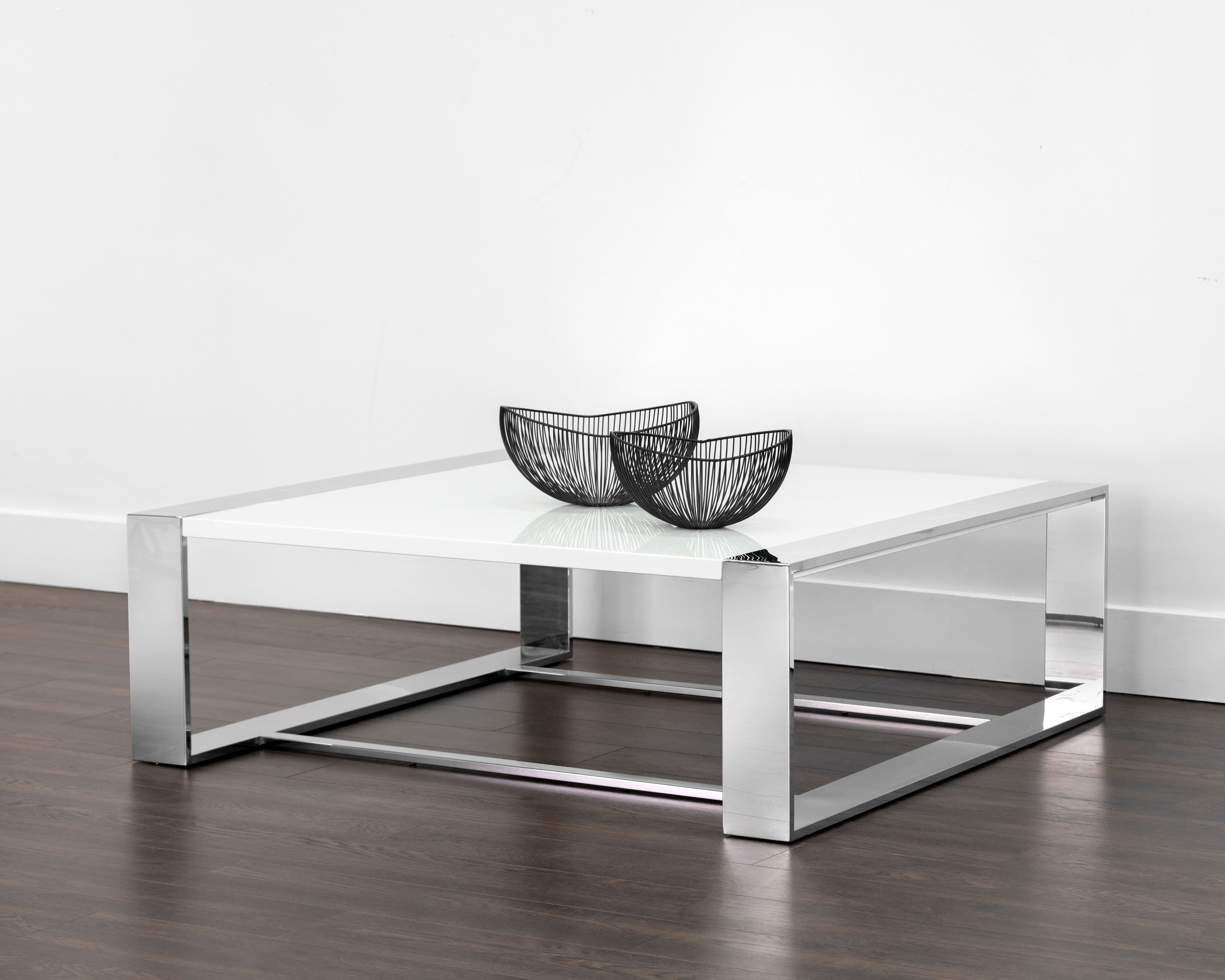 Sunpan Dalton Coffee Table - Square in High Gloss White and Stainless Steel Frame