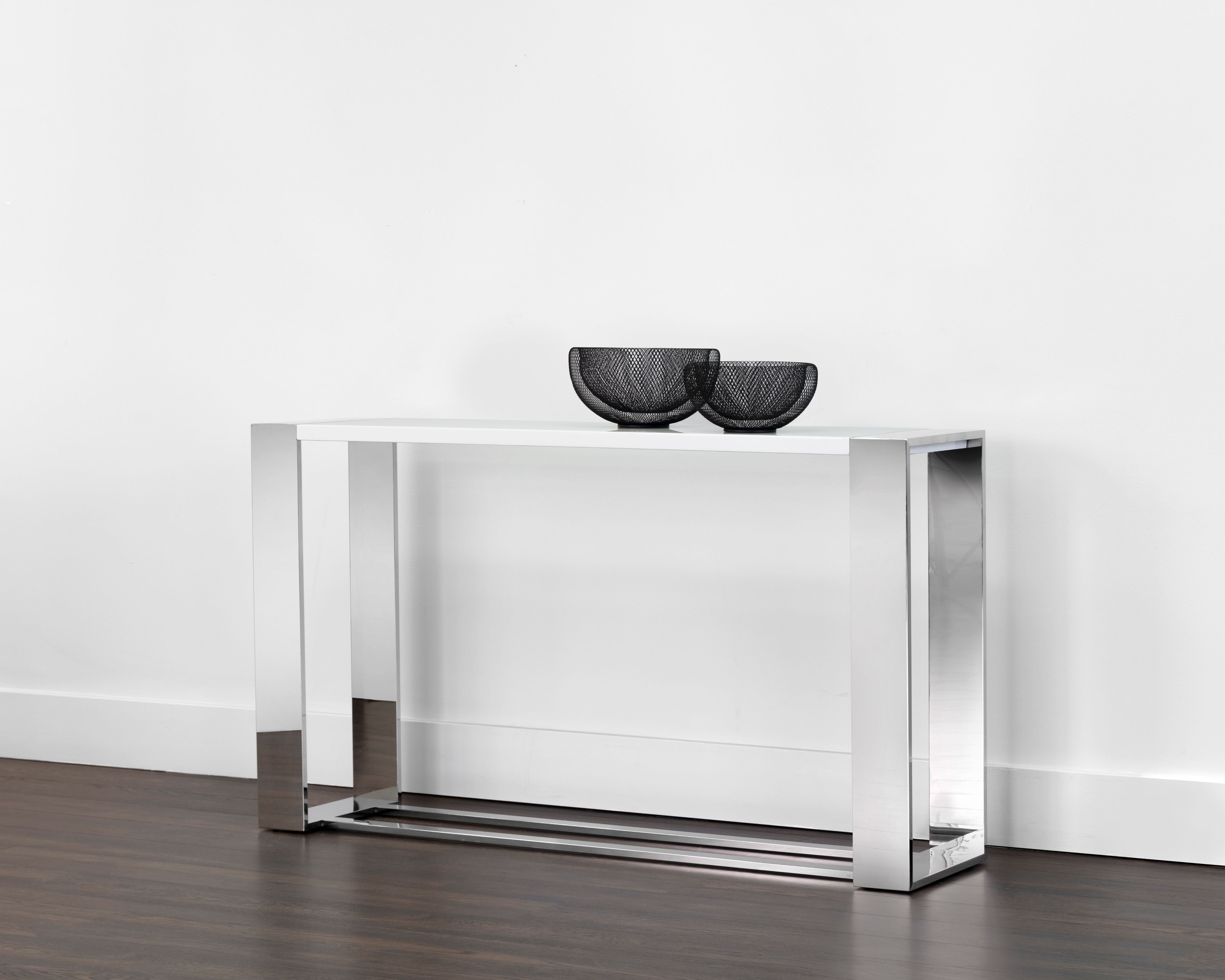 Sunpan Dalton Console Table in High Gloss White and Stainless Steel
