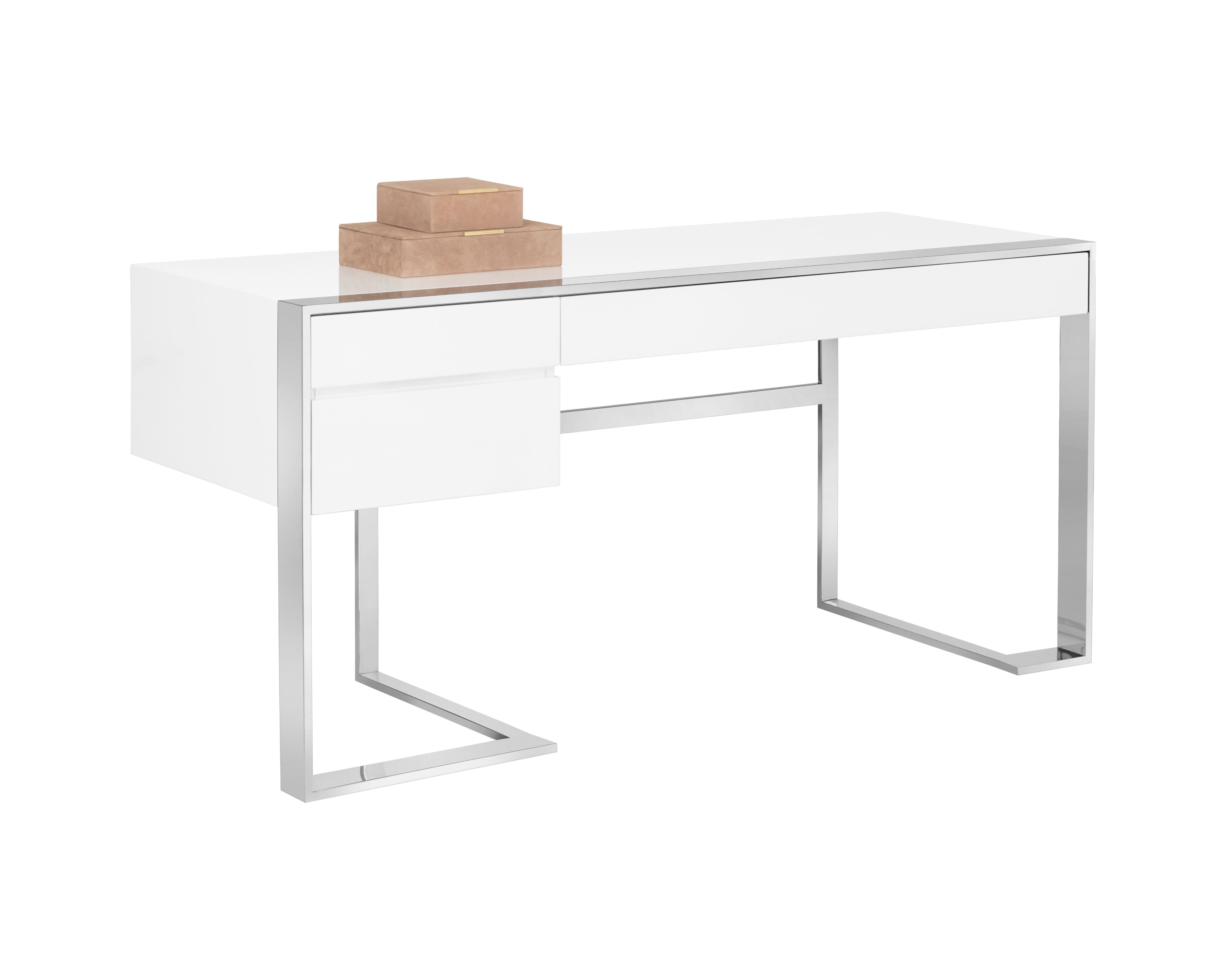 Sunpan Dalton Desk in High Gloss White and Stainless Steel Frame