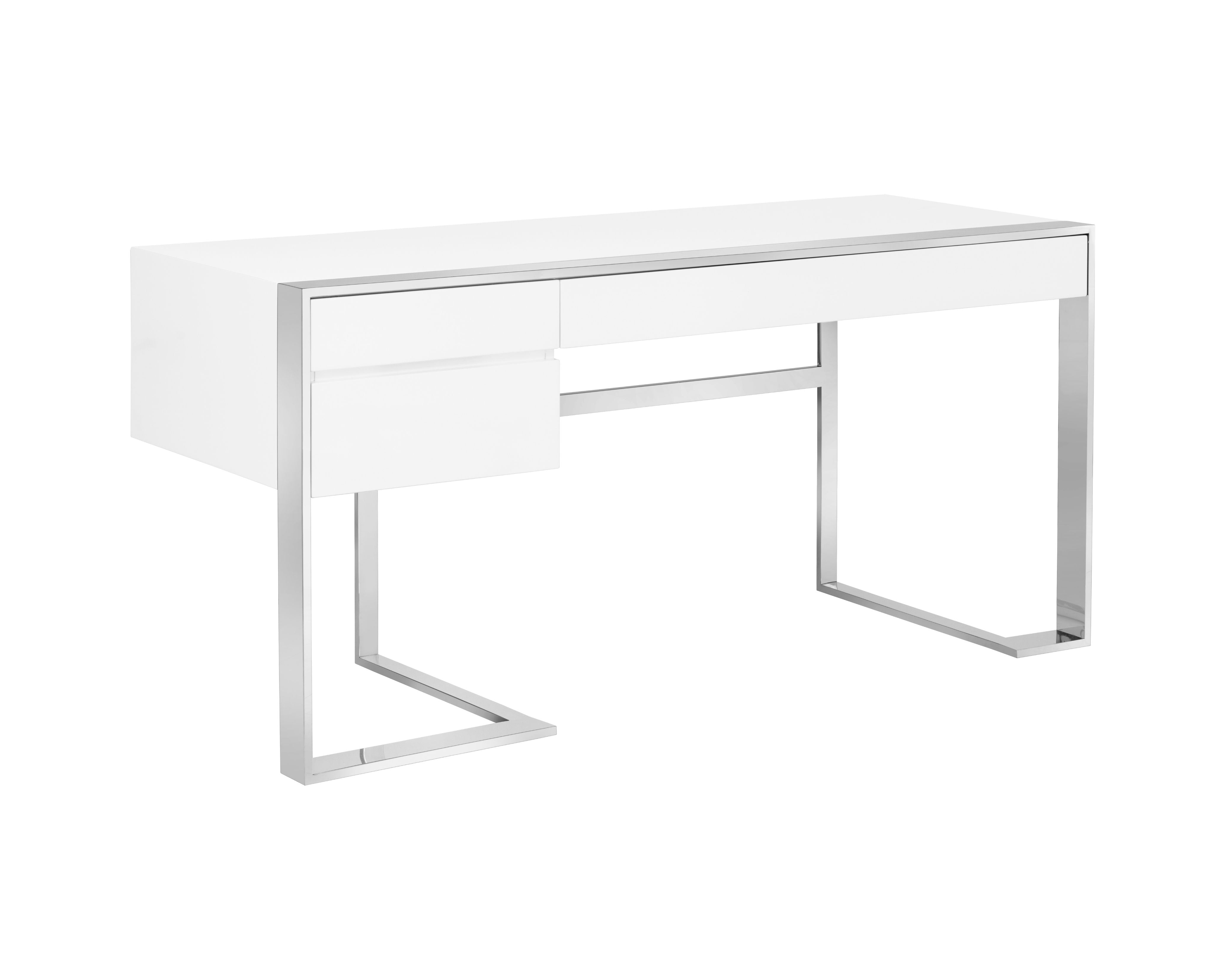 Sunpan Dalton Desk in High Gloss White and Stainless Steel Frame