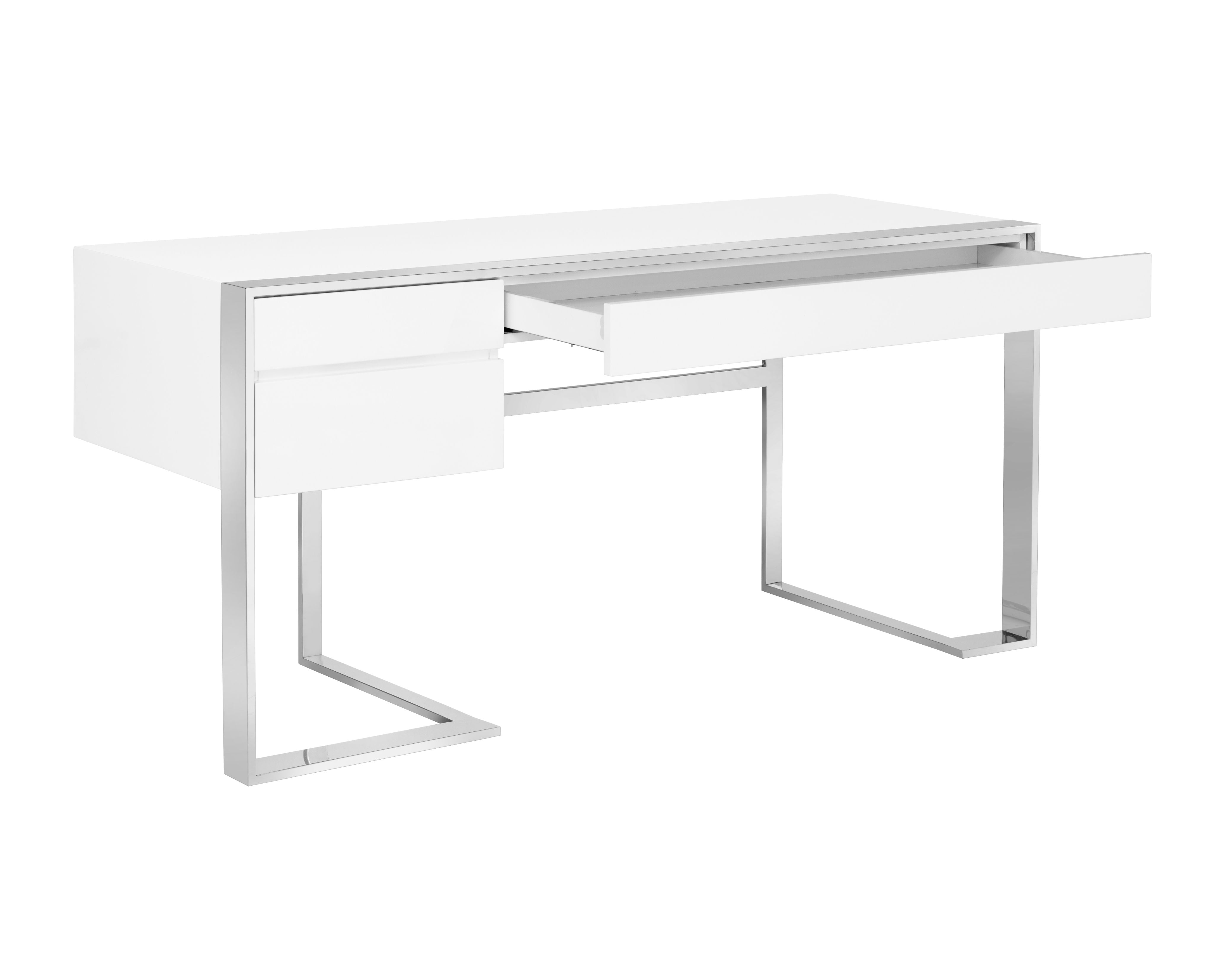 Sunpan Dalton Desk in High Gloss White and Stainless Steel Frame