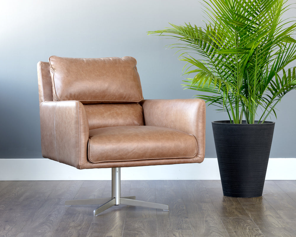 Sunpan Easton Swivel Lounge Chair - Marseille Black/Camel Leather