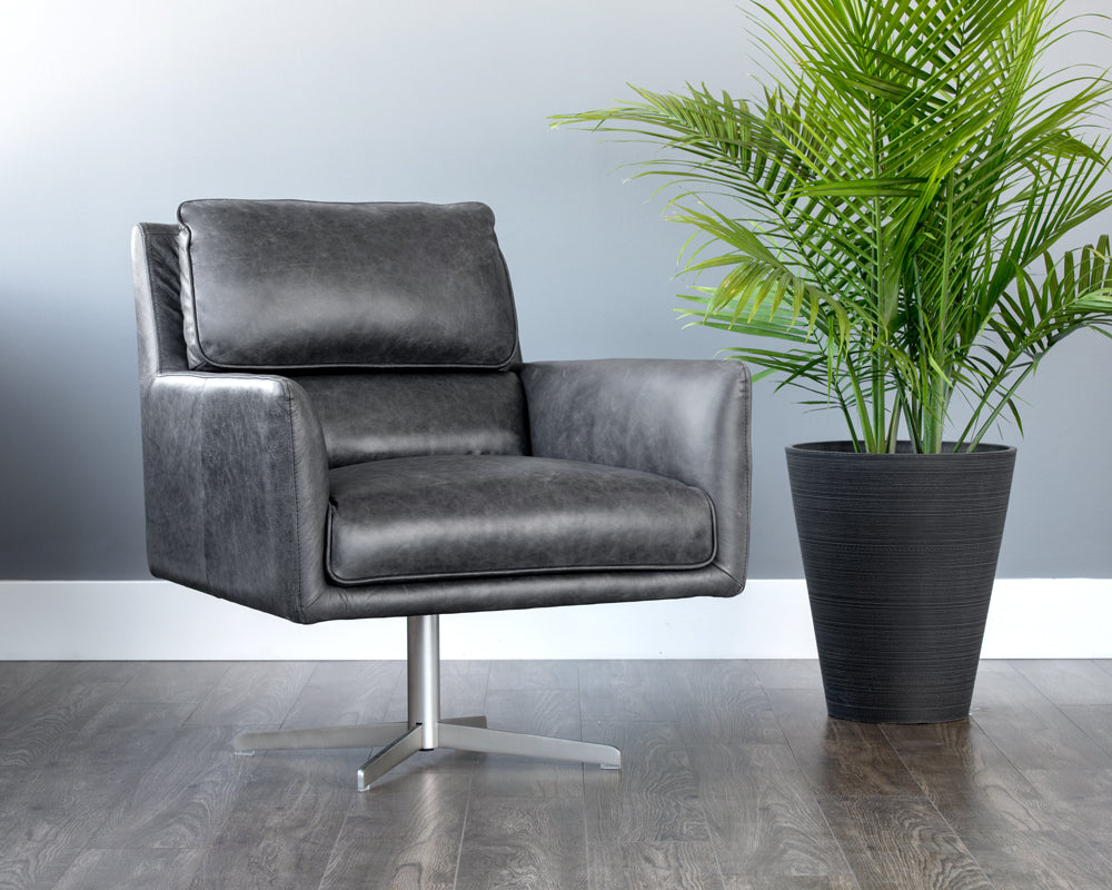 Sunpan Easton Swivel Lounge Chair - Marseille Black/Camel Leather