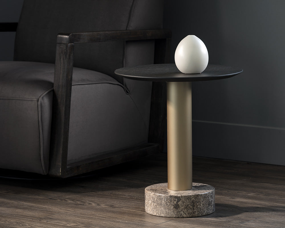 Sunpan Monaco End Table - Black - Light Grey Marble and Raw Umber/Charcoal Grey