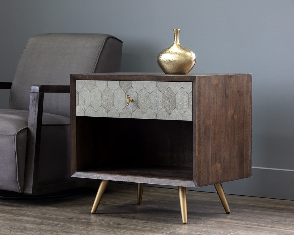 Sunpan Aniston Nightstand In Dark Mango/White Ceruze And Shagreen Leather