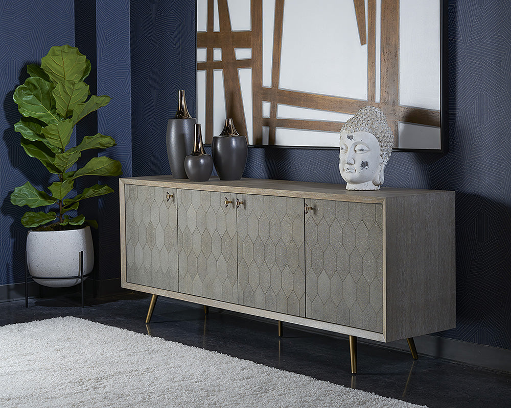 Sunpan Aniston Sideboard - Large In White Ceruze - Shagreen Leather