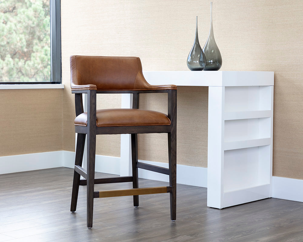 Sunpan Brylea Counter Stool in Brown And Shalimar Tobacco Leather / Natural in Heather Ivory Tweed