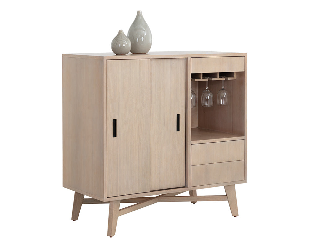 Sunpan Caven Bar Cabinet In Light Oak/Walnut