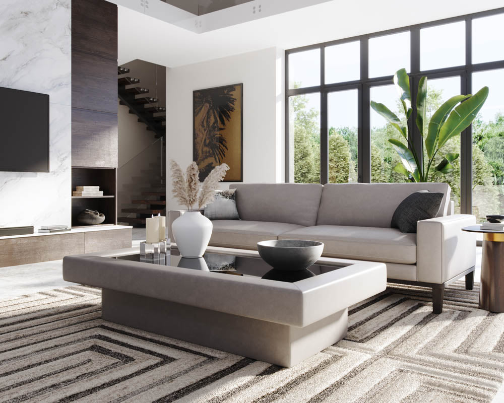 Sunpan Azelia Coffee Table in Camel Leather/Light Grey Leather