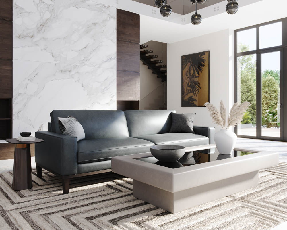 Sunpan Davilo Sofa in Light Grey Leather/Midnight Blue Leather