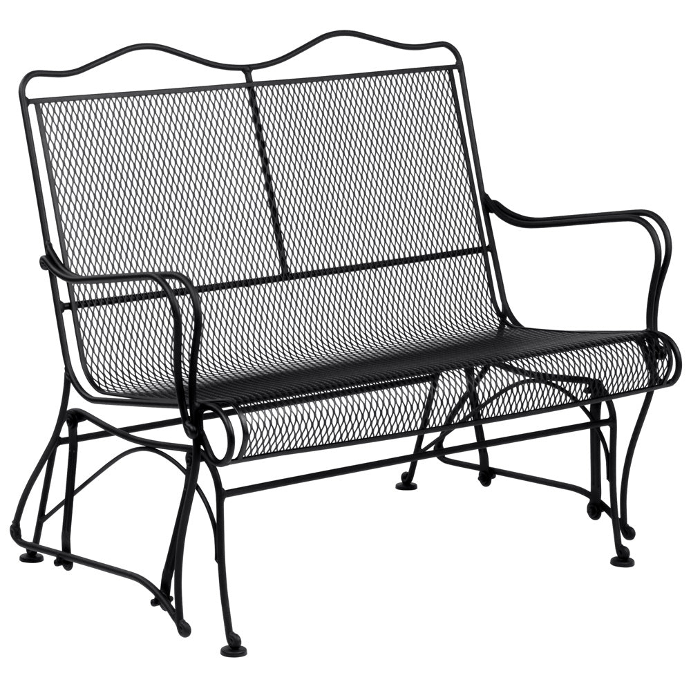 Woodard Tucson High-Back Gliding Love Seat, Aged Teak, No Cushion, Grade A Fabric, Loveseats, Iron, Curved, 4 Legs, Outdoor