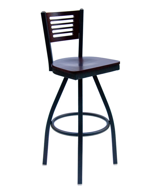 BFM Seating Espy Slotted Wood Back Swivel Barstool In Steel Frame And Sand Black Finish