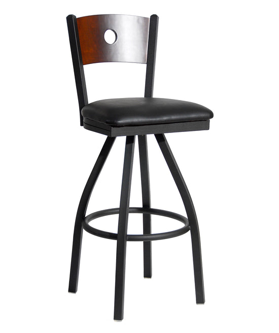 BFM Seating Darby Circle Wood Back Swivel Barstool In Steel Frame And Sand Black Finish