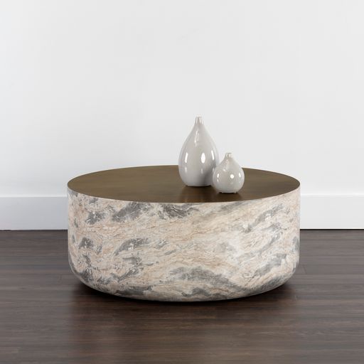 Sunpan Diaz Coffee Table in Grey-Wood Grain Brown / Marble-Look Antique Brass