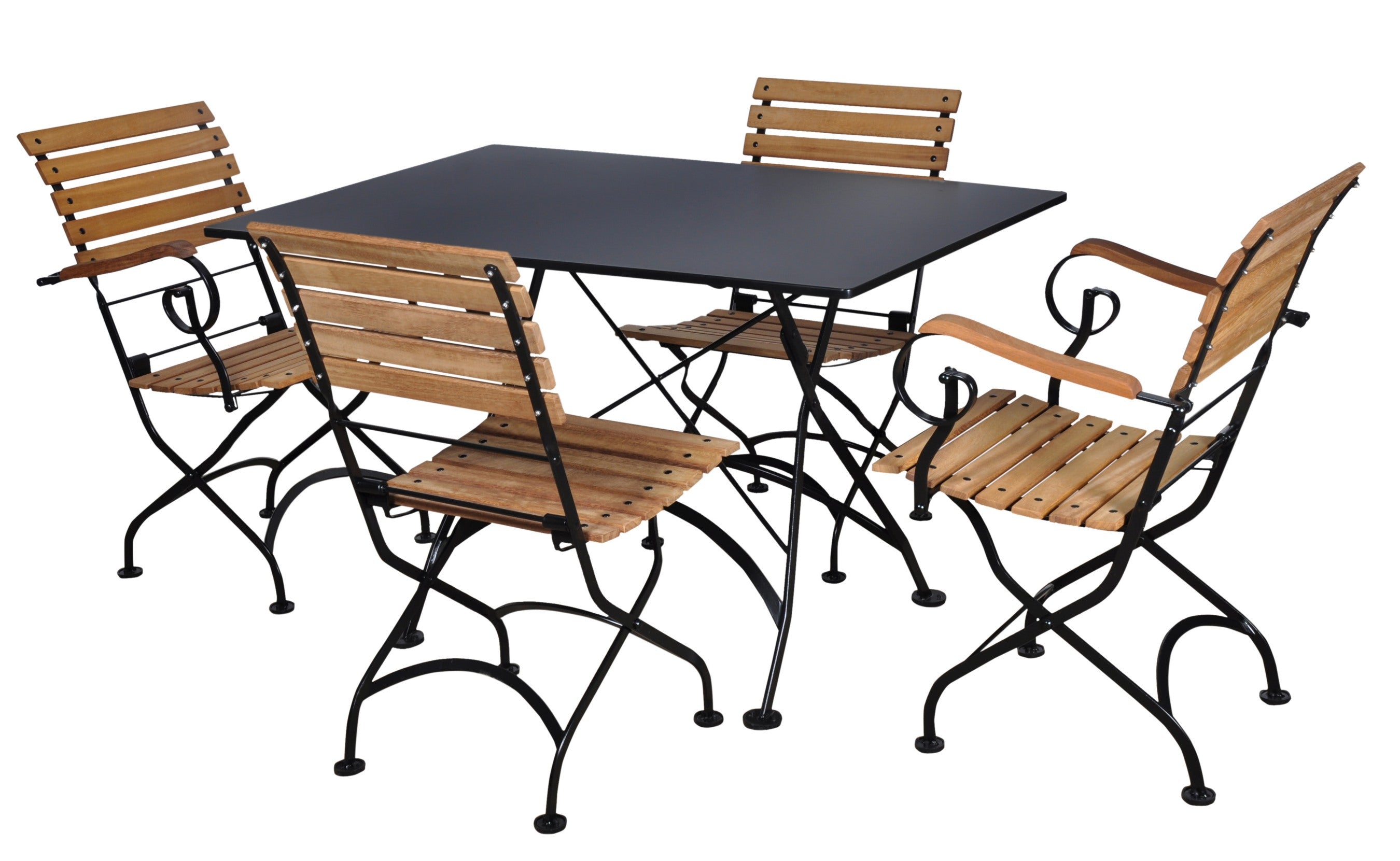 Furniture Designhouse Five Piece Dining Set with 32 x 48" Steel Top Table and Two/Two Natural African Teak Slat Side/Arm Chairs