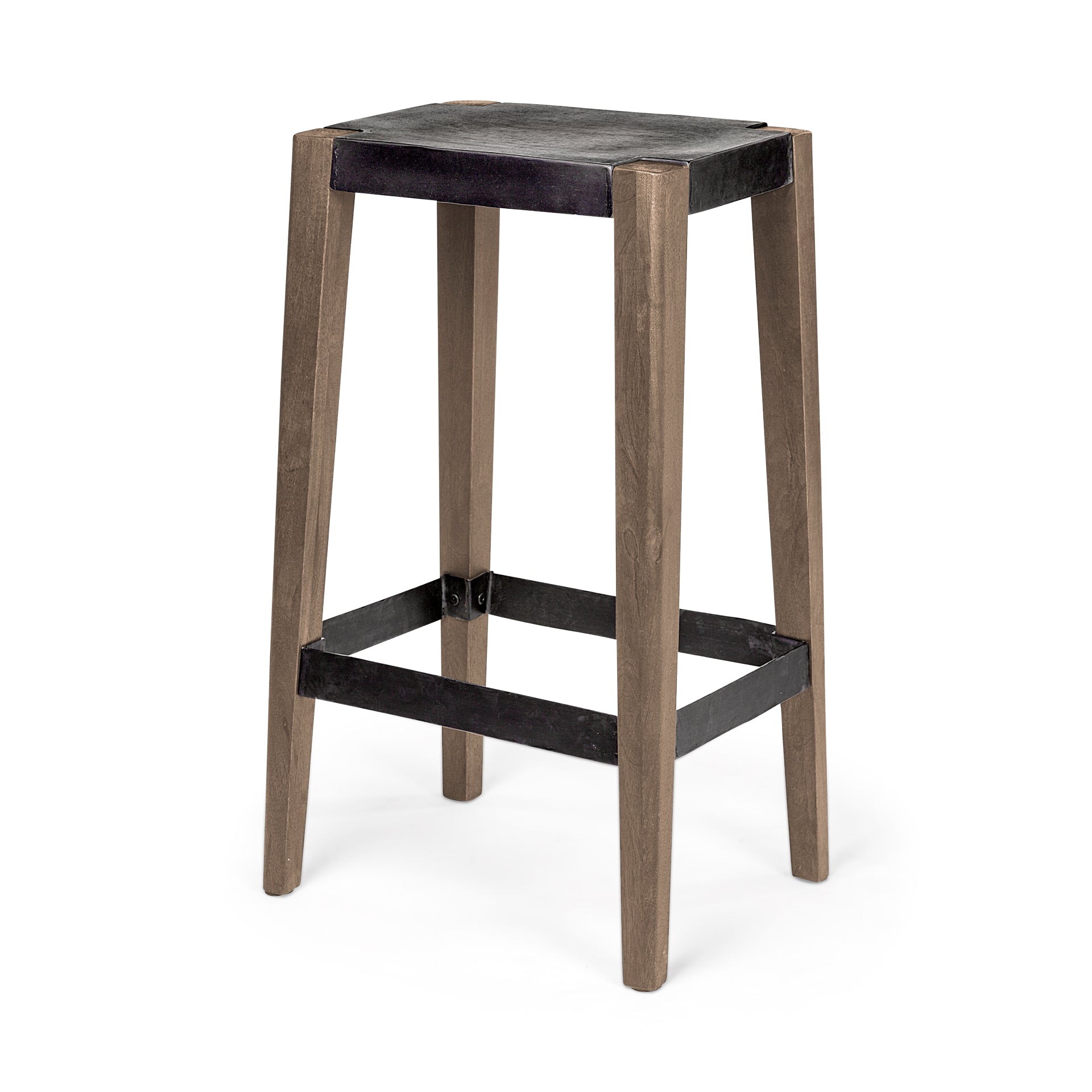 Mercana Nell 30" Seat Height Black Metal Seat and Foot Rest With Brown Wood Legs Stool