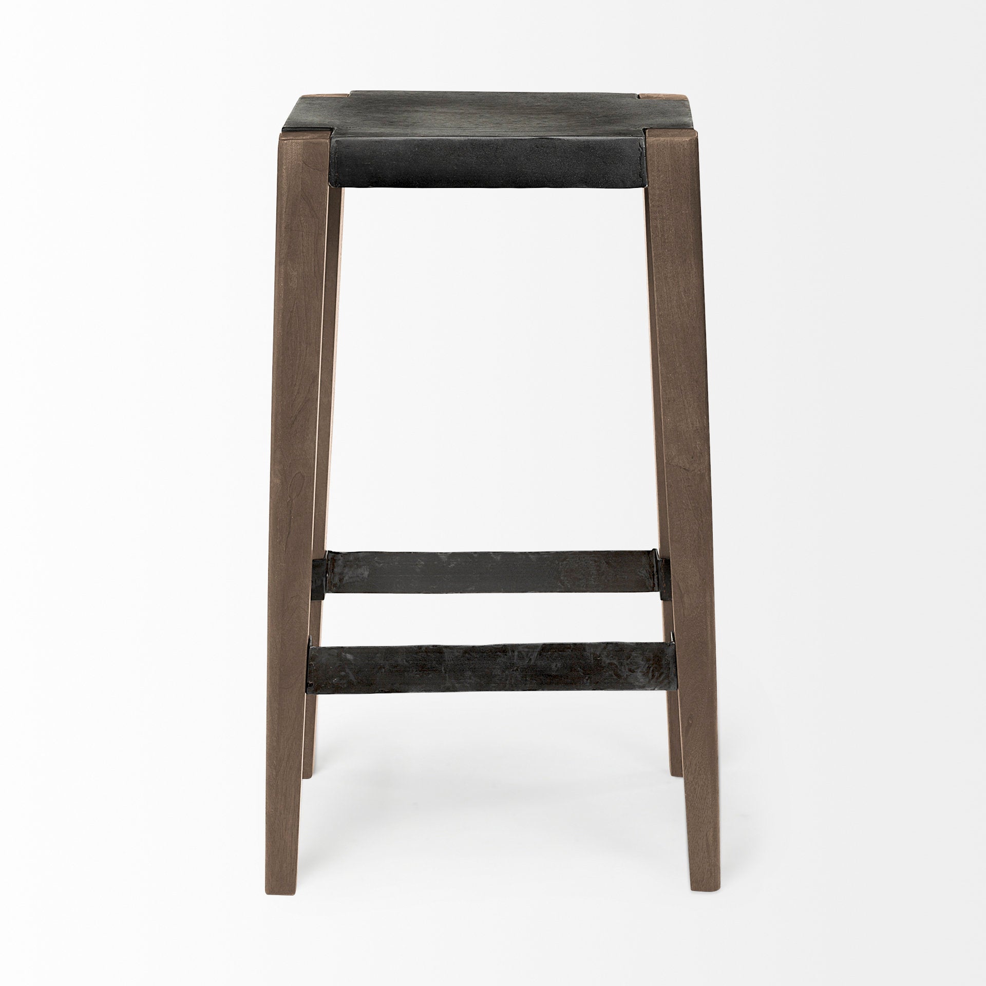 Mercana Nell 30" Seat Height Black Metal Seat and Foot Rest With Brown Wood Legs Stool