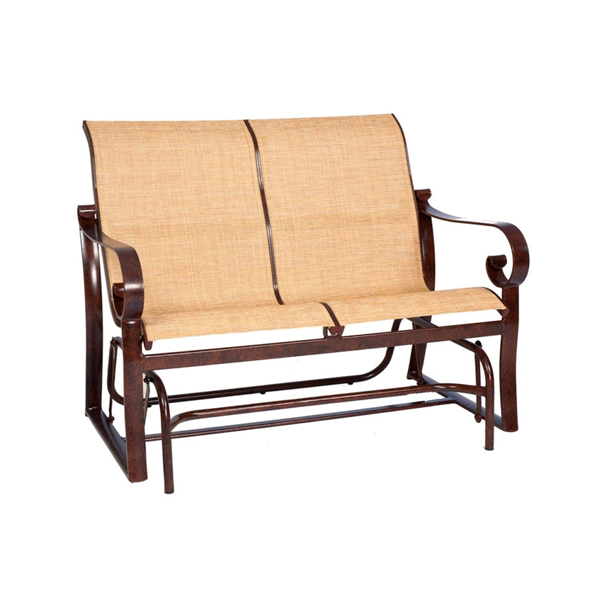 Woodard Belden Sling Glider, Aged Teak, Augustine Alloy (Grade A), Grade A Fabric, Glider, Aluminum, Curved, Frame, Outdoor