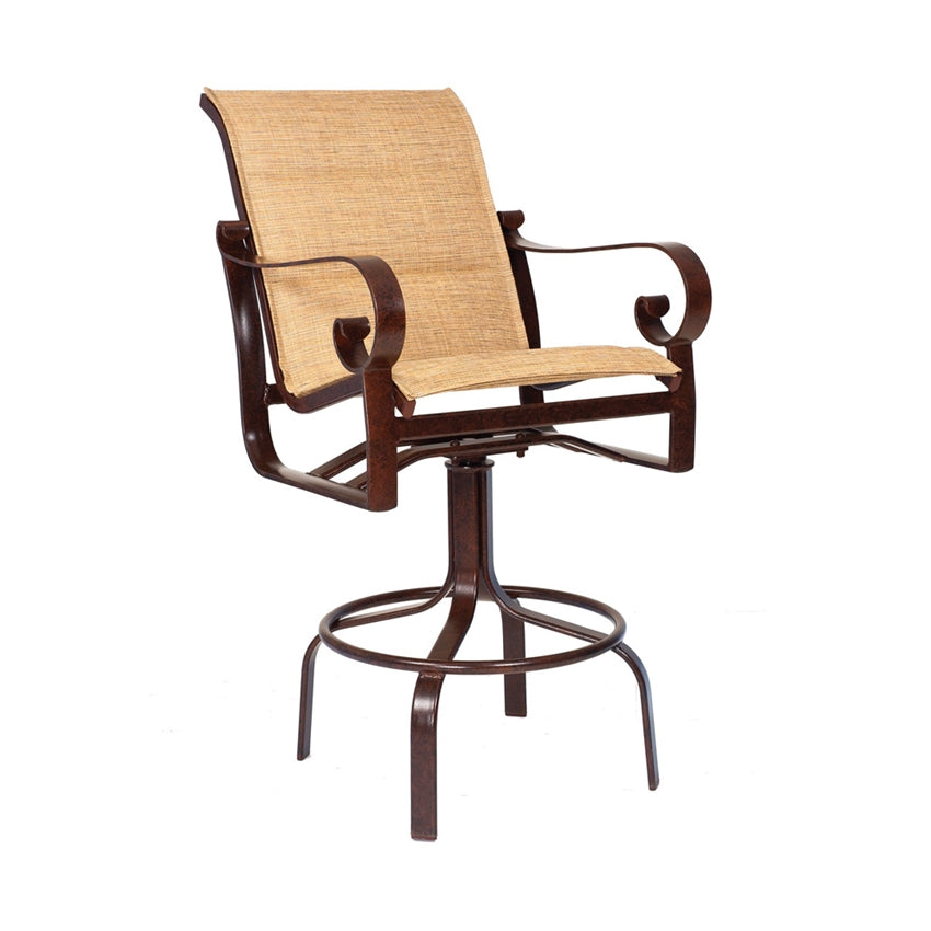 Woodard Belden Padded Sling Swivel Bar Stool, Aged Teak, Augustine Alloy (Grade A), Grade A Fabric, Bar Stools, Aluminum, Rectangular, 4 Legs, Outdoor
