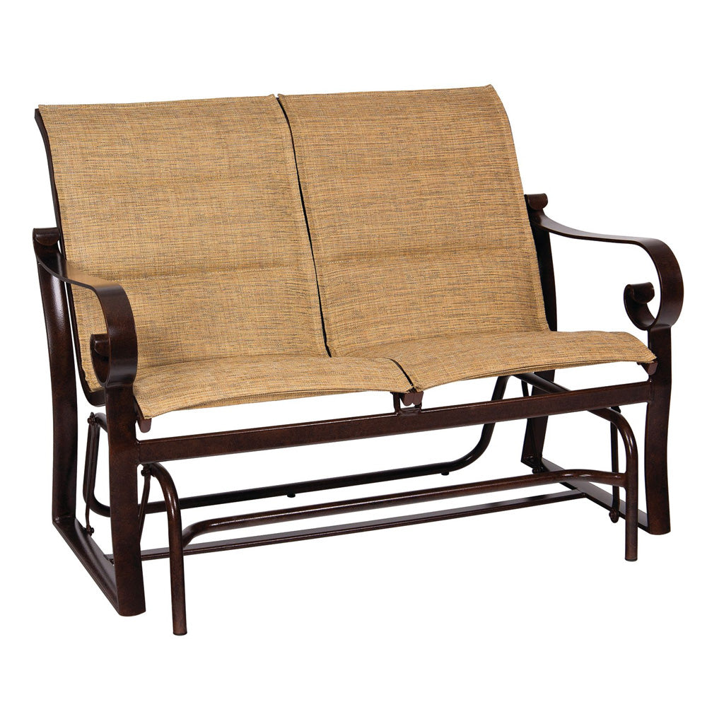 Woodard Belden Padded Sling Loveseat Glider, Aged Teak, Augustine Alloy (Grade A), Grade A Fabric, Loveseats, Aluminum, Square, Frame, Outdoor