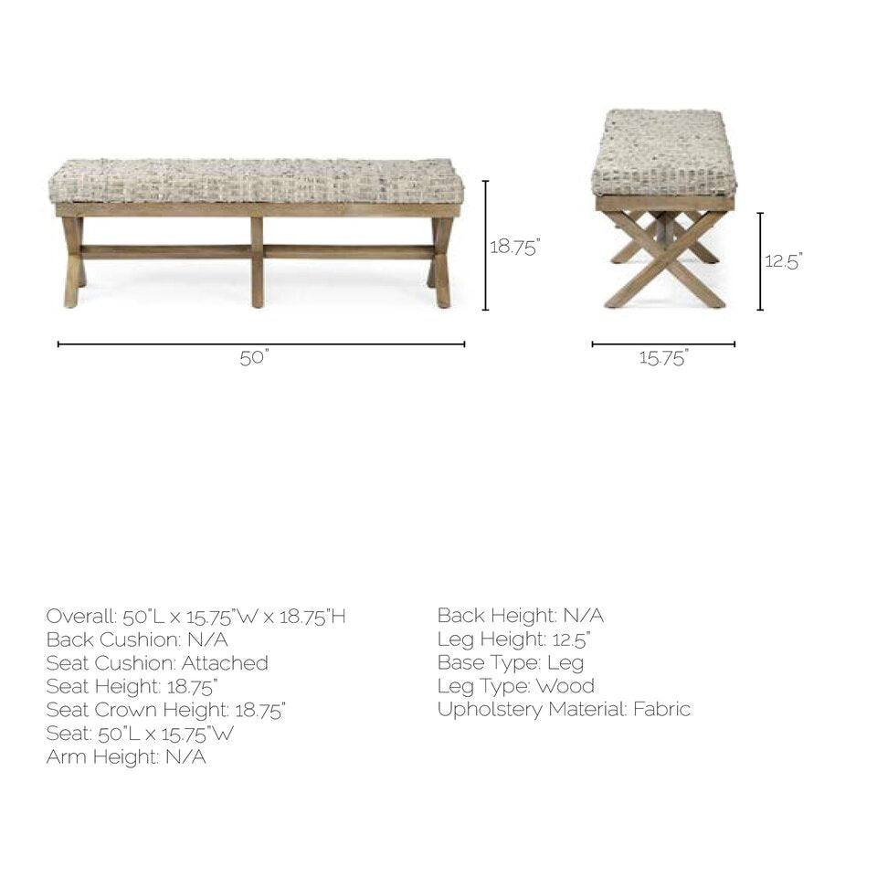 Mercana Solis II 50L x 16W Brown Base Beige Woven Leather Cushion Accent Bench
