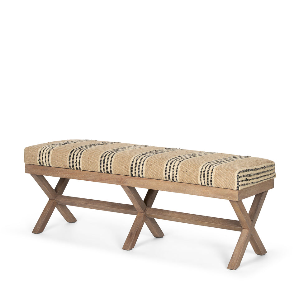 Mercana Solis 50L x 16W Brown Base Upholstered Beige/Black Stripe Seat Accent Bench