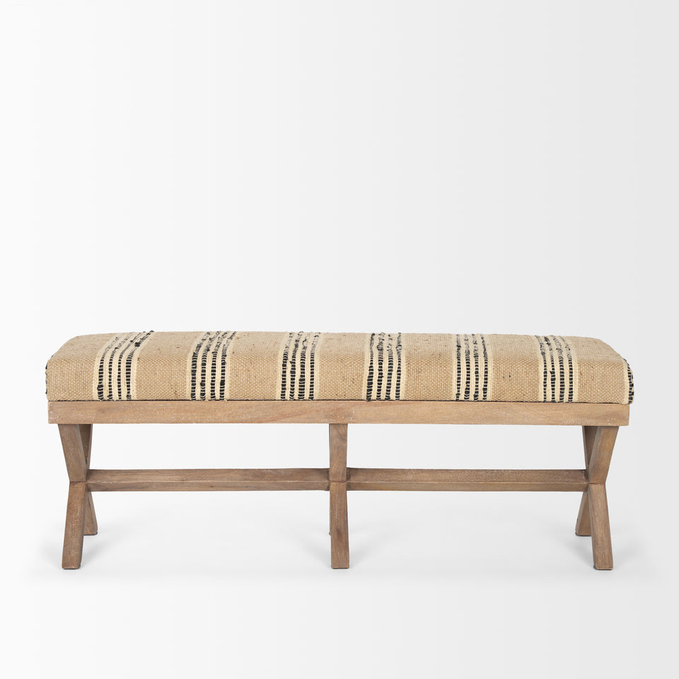 Mercana Solis 50L x 16W Brown Base Upholstered Beige/Black Stripe Seat Accent Bench