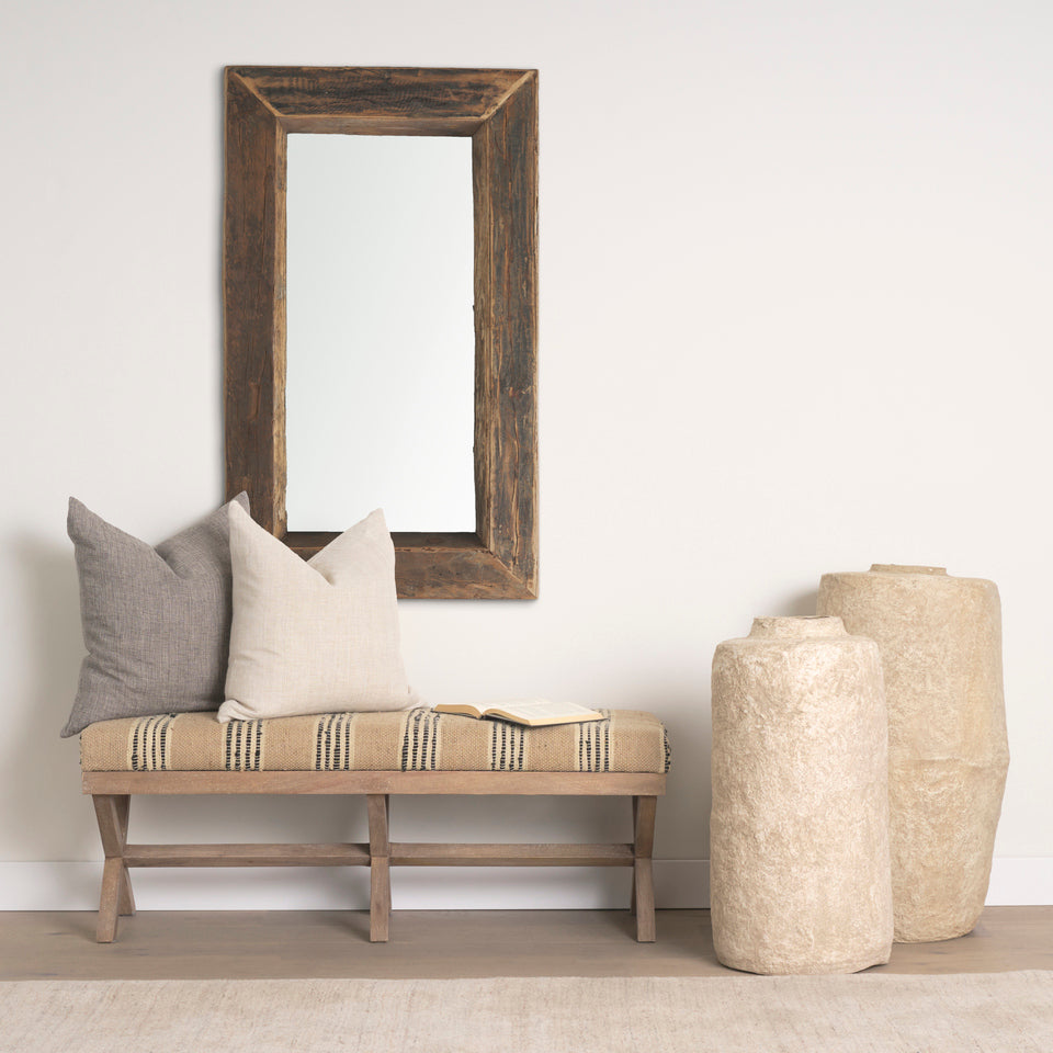 Mercana Solis 50L x 16W Brown Base Upholstered Beige/Black Stripe Seat Accent Bench