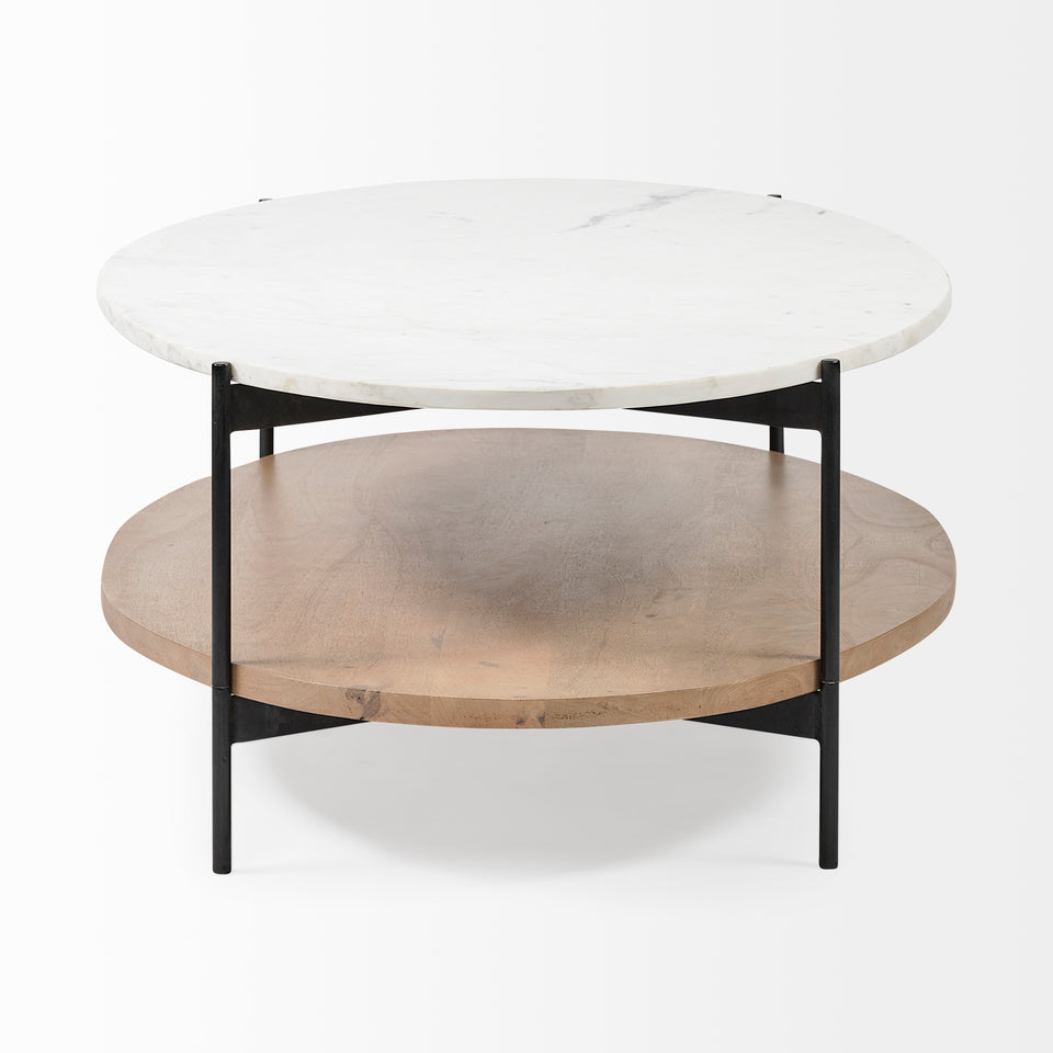 Mercana Larkin 48" Oval White Marble Top and Solid Wood Shelf With Black Metal Frame Coffee Table