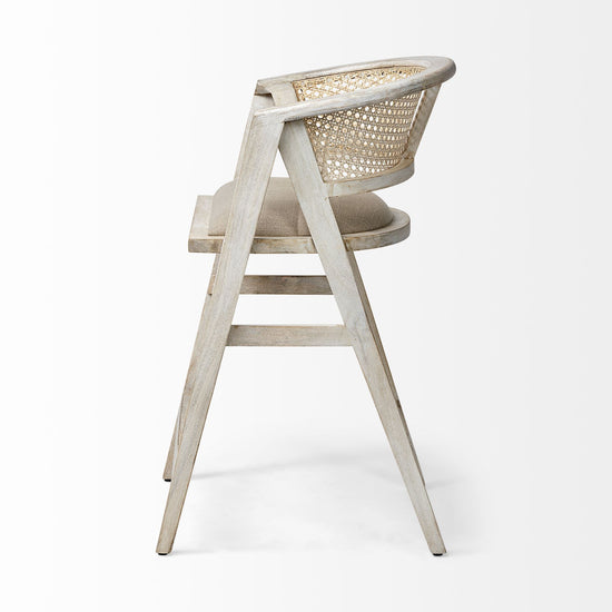 Mercana Tabitha 26.75" Seat Height Beige Fabric/Rattan Seat Blonde Wood Frame Counter Stool