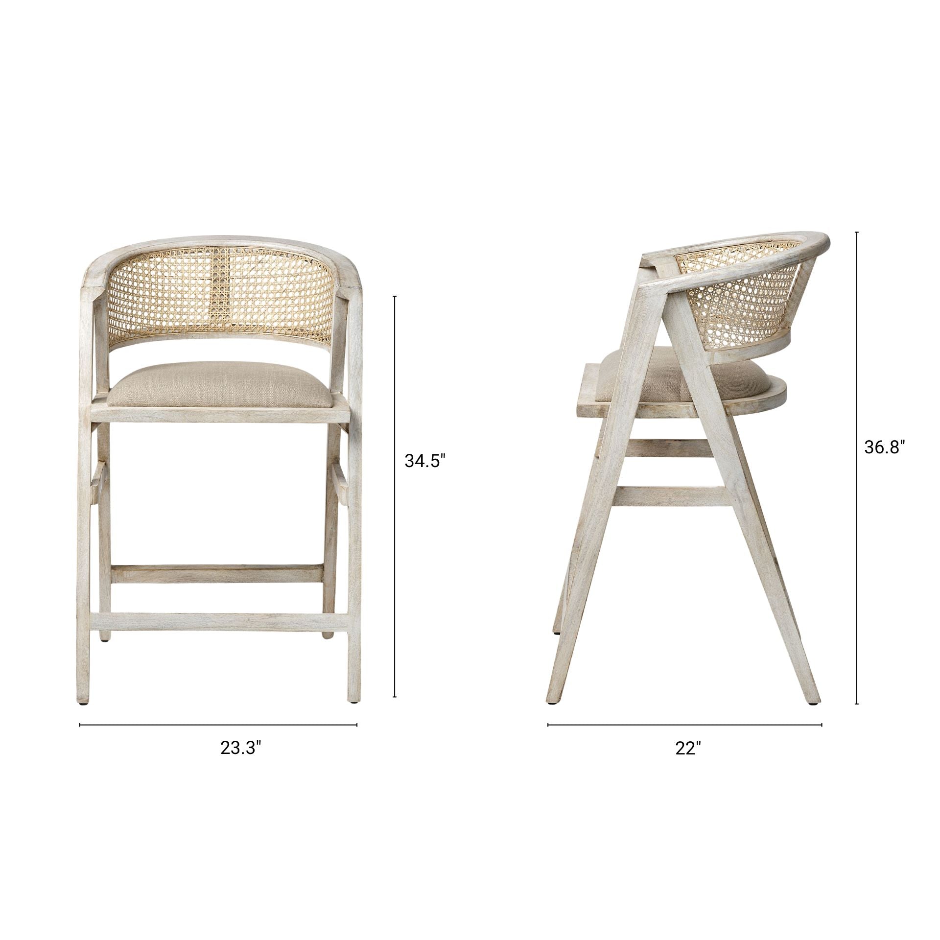 Mercana Tabitha 26.75" Seat Height Beige Fabric/Rattan Seat Blonde Wood Frame Counter Stool