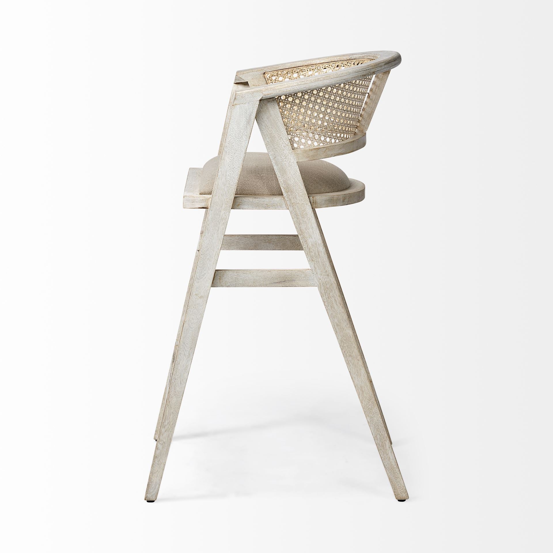 Mercana Tabitha 30.75" Seat Height Beige Fabric/Rattan Seat Blonde Wood Frame Bar Stool