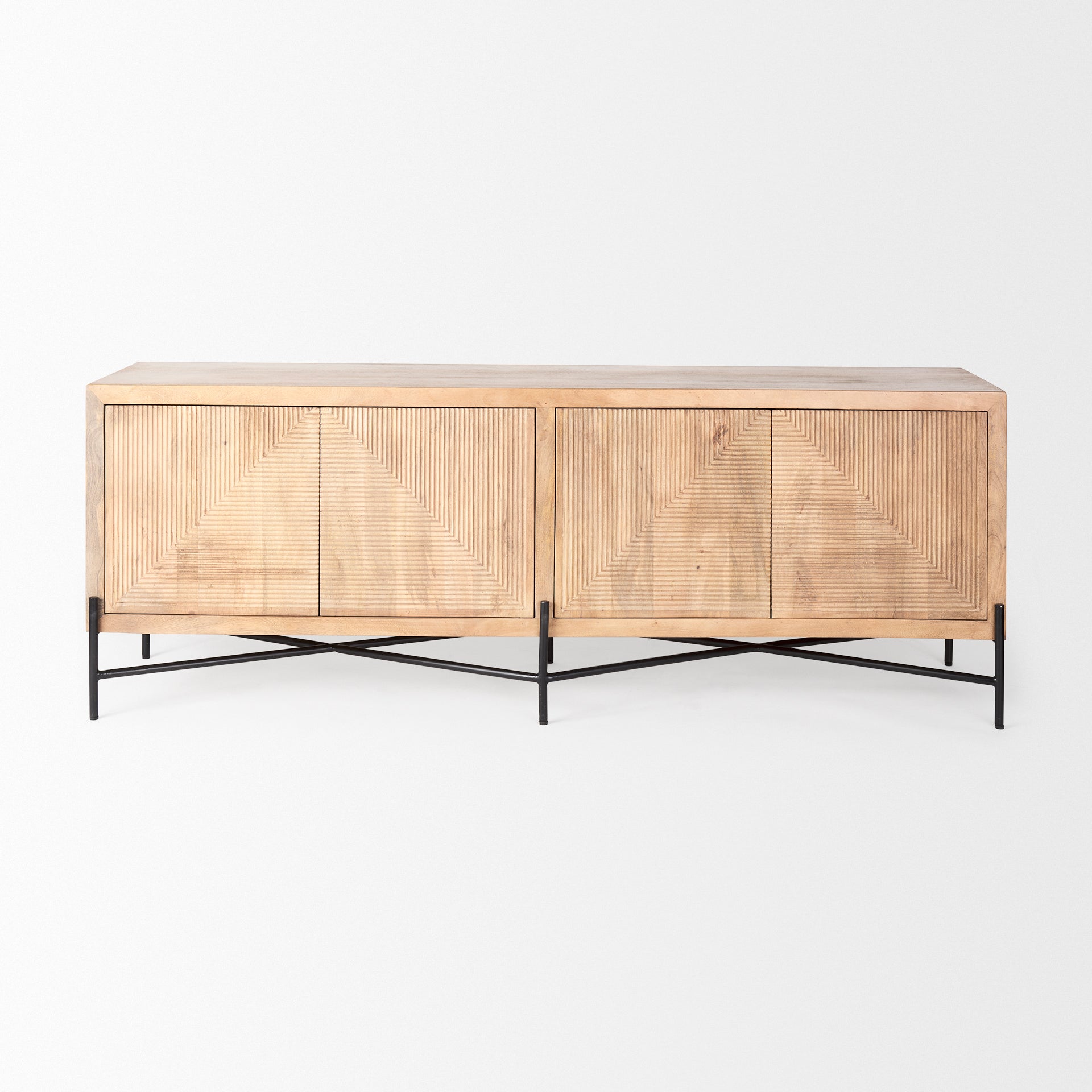 Mercana Cairo 78x19 Brown Solid Wood Black Metal Base 4 Door Cabinet Sideboard