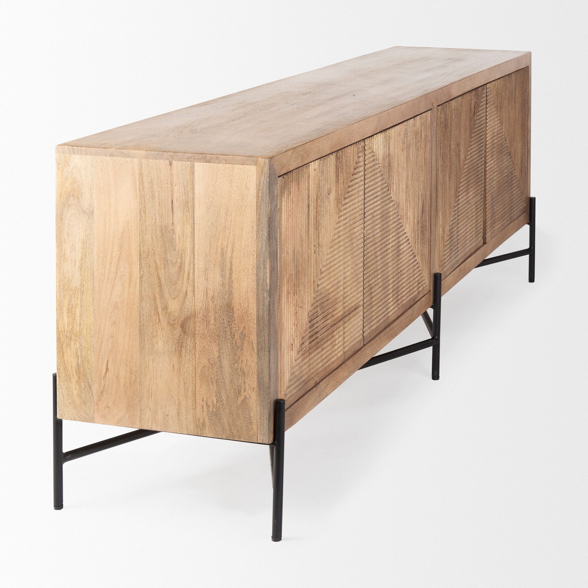 Mercana Cairo 78x19 Brown Solid Wood Black Metal Base 4 Door Cabinet Sideboard