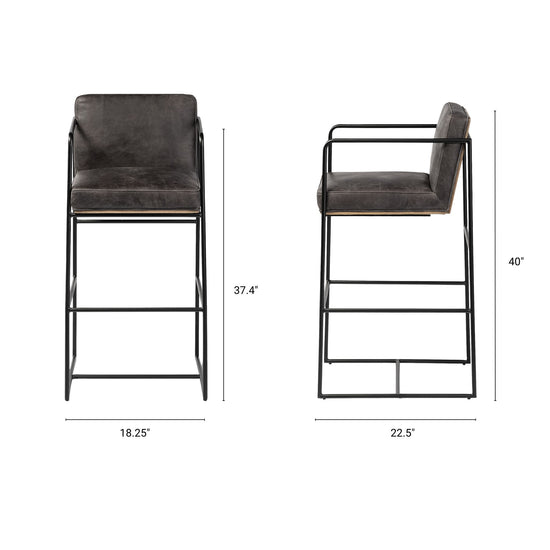 Mercana Stamford 40" Total Height Black Leather Seat With Wood Back, Metal Frame Bar Stool