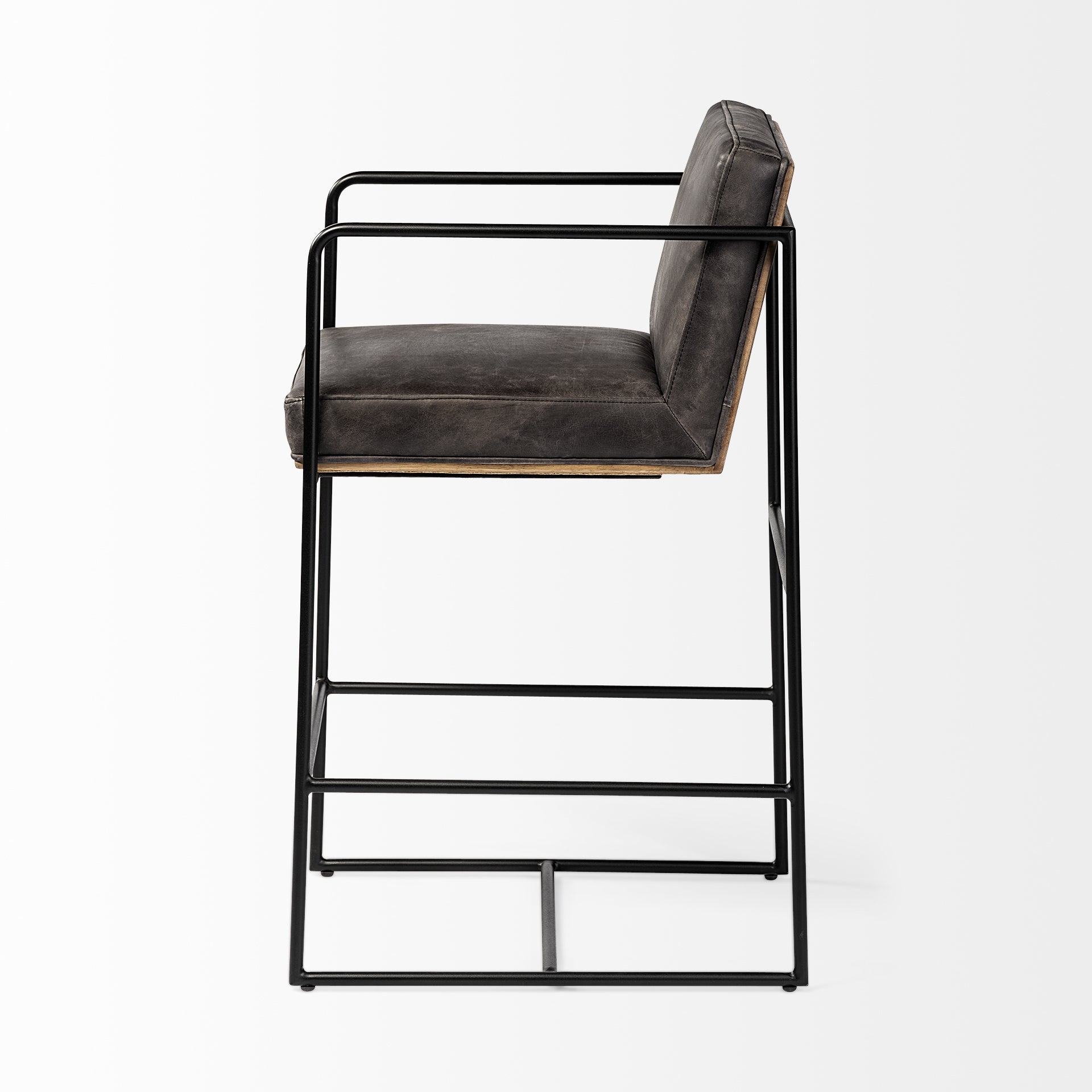 Mercana Stamford 36" Total Height Black Leather Seat With Wood Back, Metal Frame Counter Stool