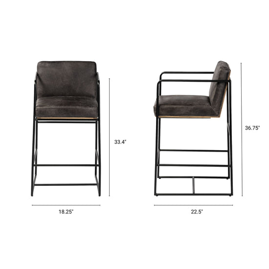 Mercana Stamford 36" Total Height Black Leather Seat With Wood Back, Metal Frame Counter Stool
