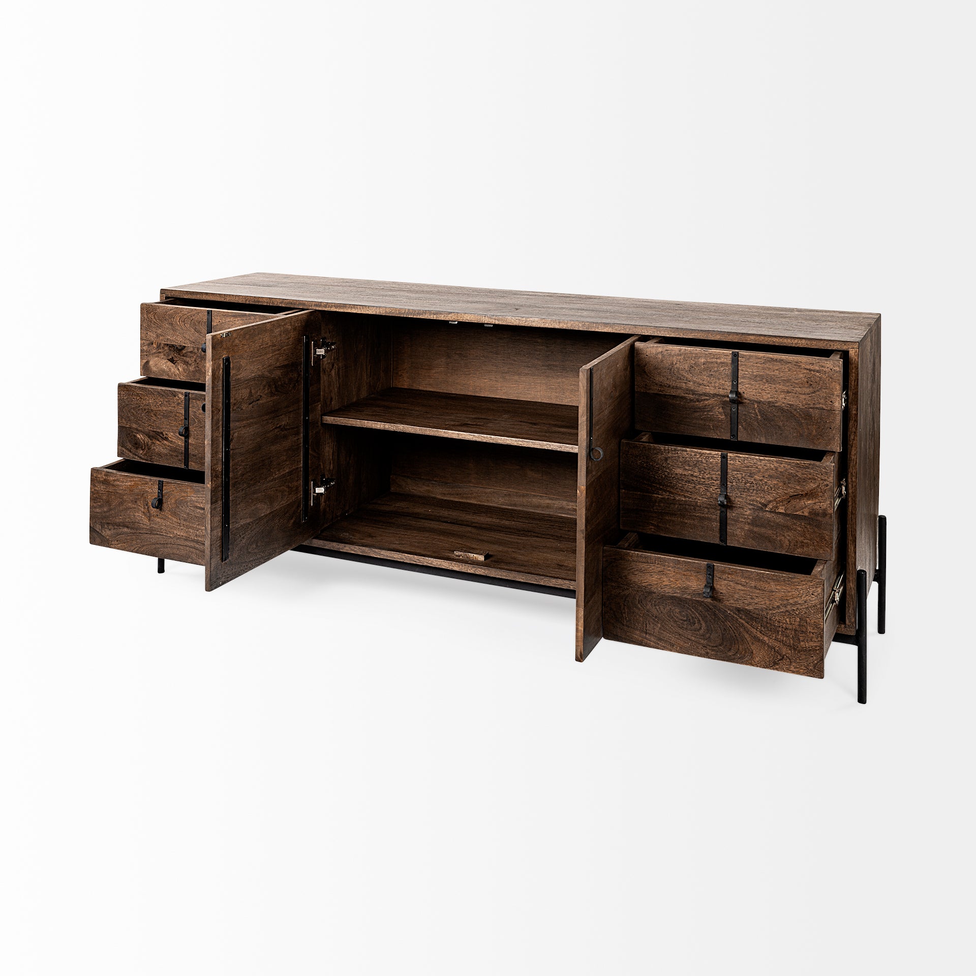 Mercana Glenn VI Dark Brown Wood Frame with Black Iron Accent 6 Drawer 2 Door Cabinet Sideboard