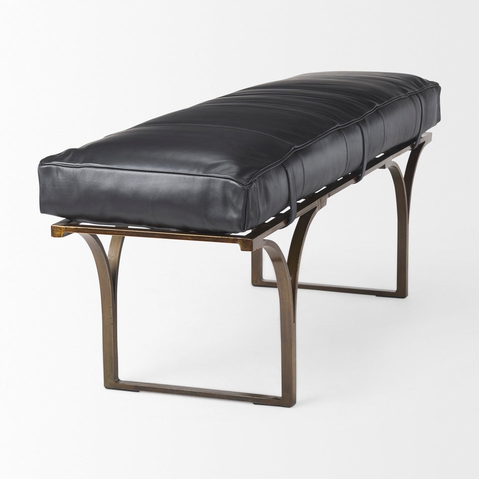 Mercana Jessie 55L x 16W Black Leather Seat With Gold Metal Base Accent Bench