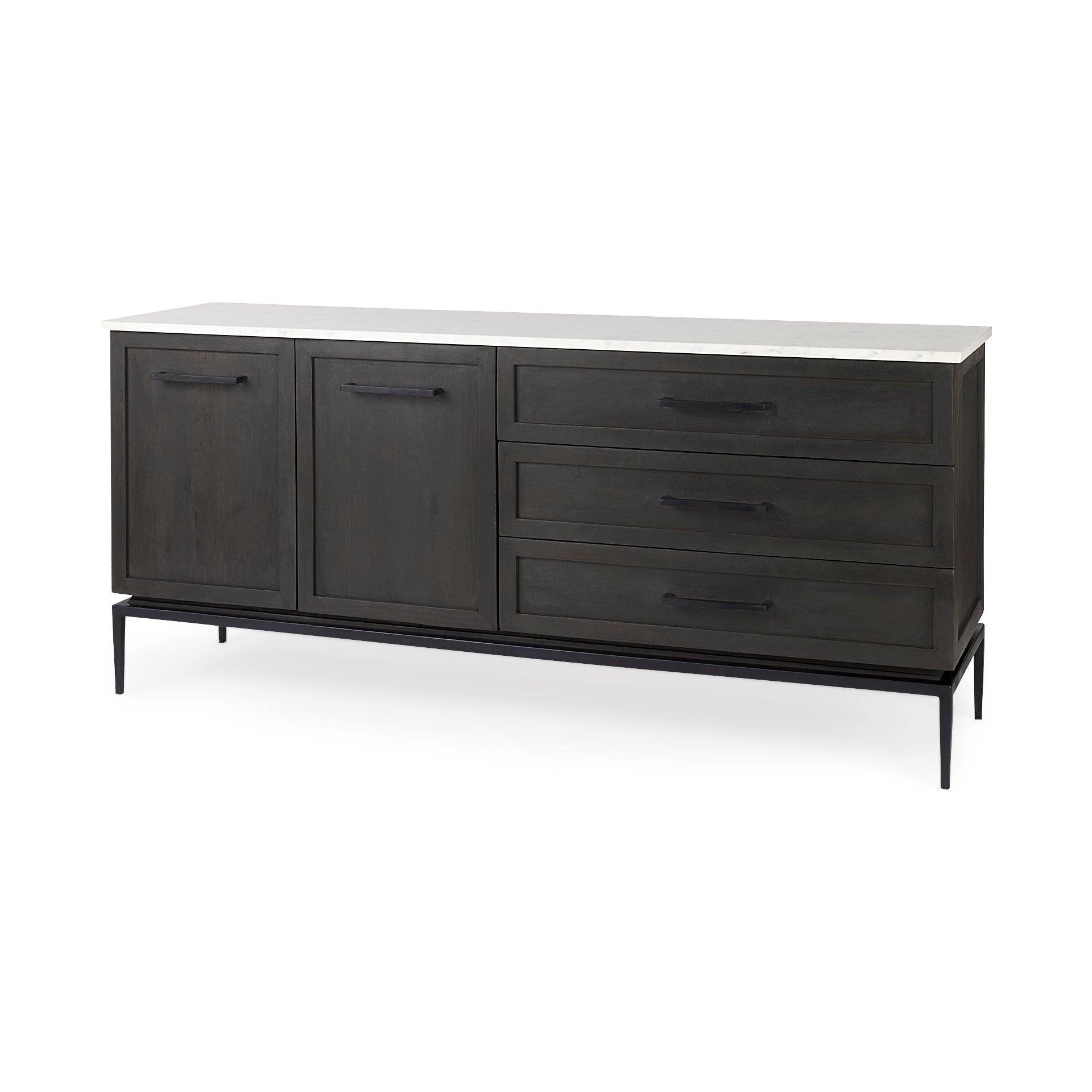 Mercana Divina Black-Brown Wood with White Marble Top and Black Metal Base Sideboard