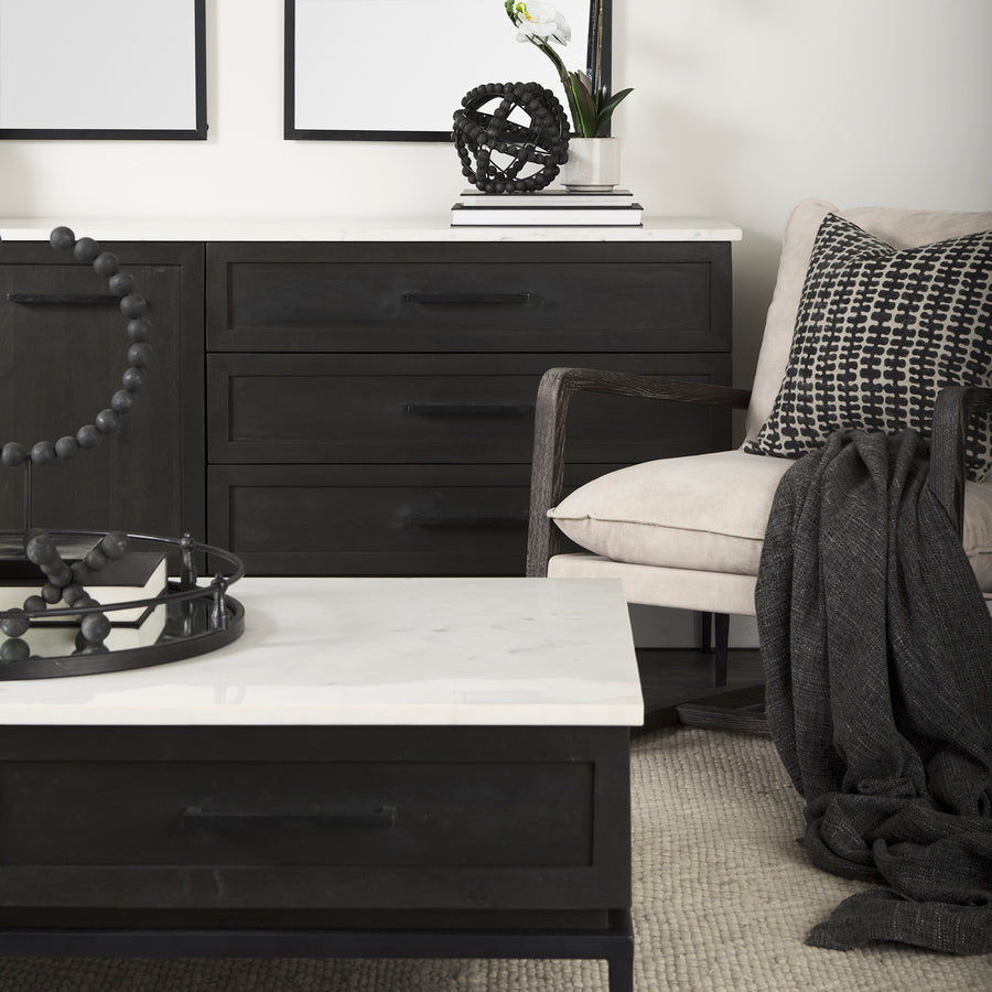Mercana Divina Black-Brown Wood with White Marble Top and Black Metal Base Sideboard