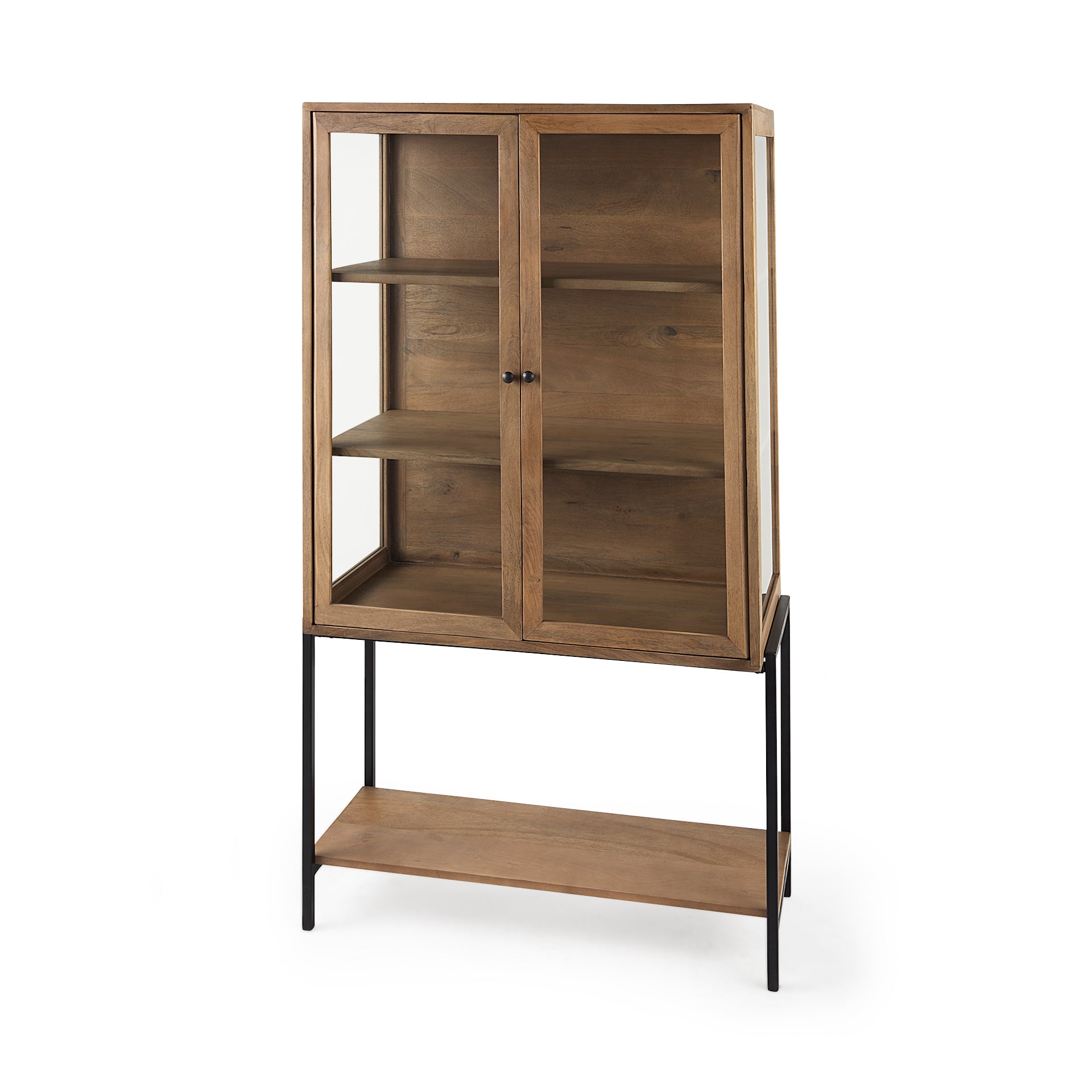 Mercana Arelius Light Brown Wood with Black Metal Base Display Cabinet