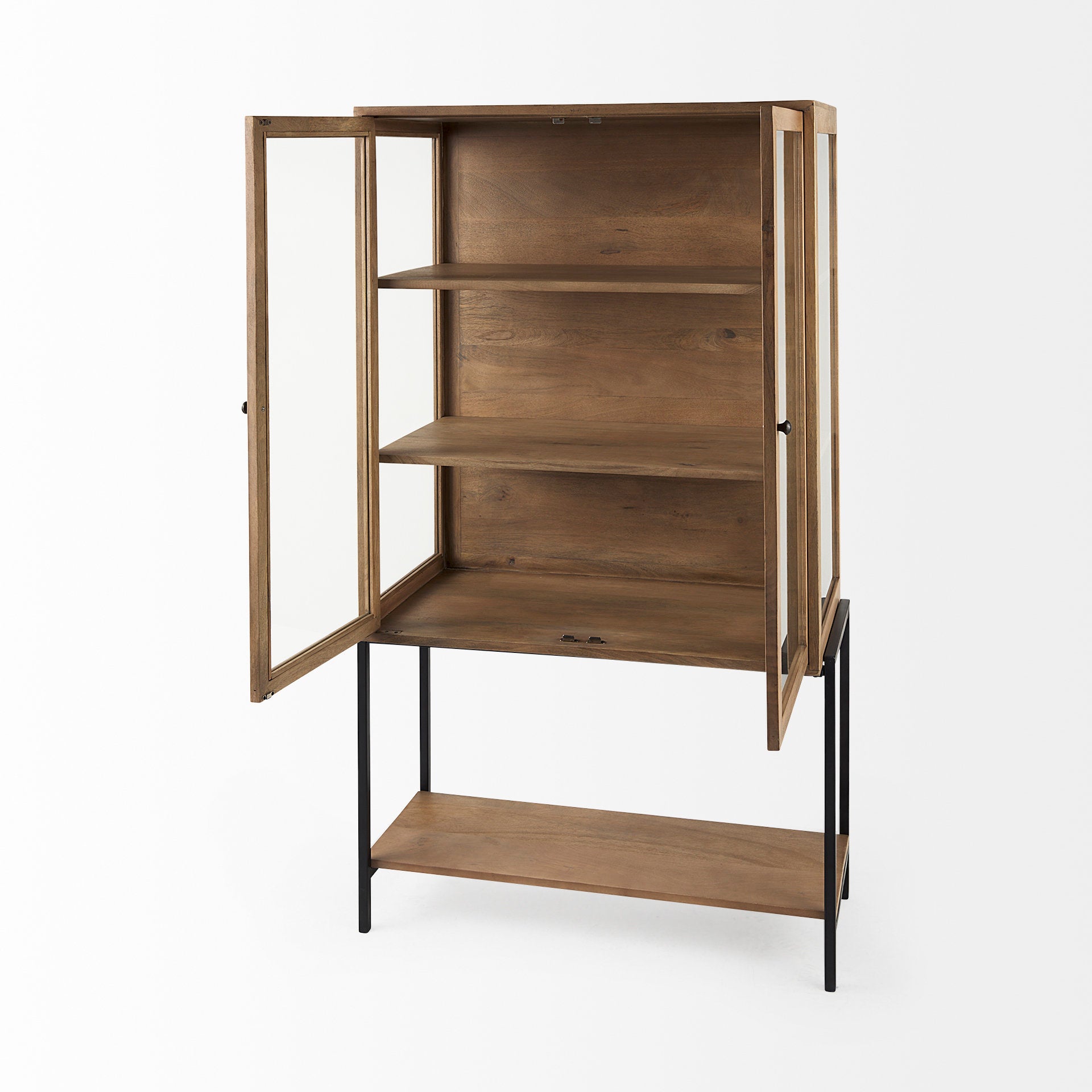 Mercana Arelius Light Brown Wood with Black Metal Base Display Cabinet