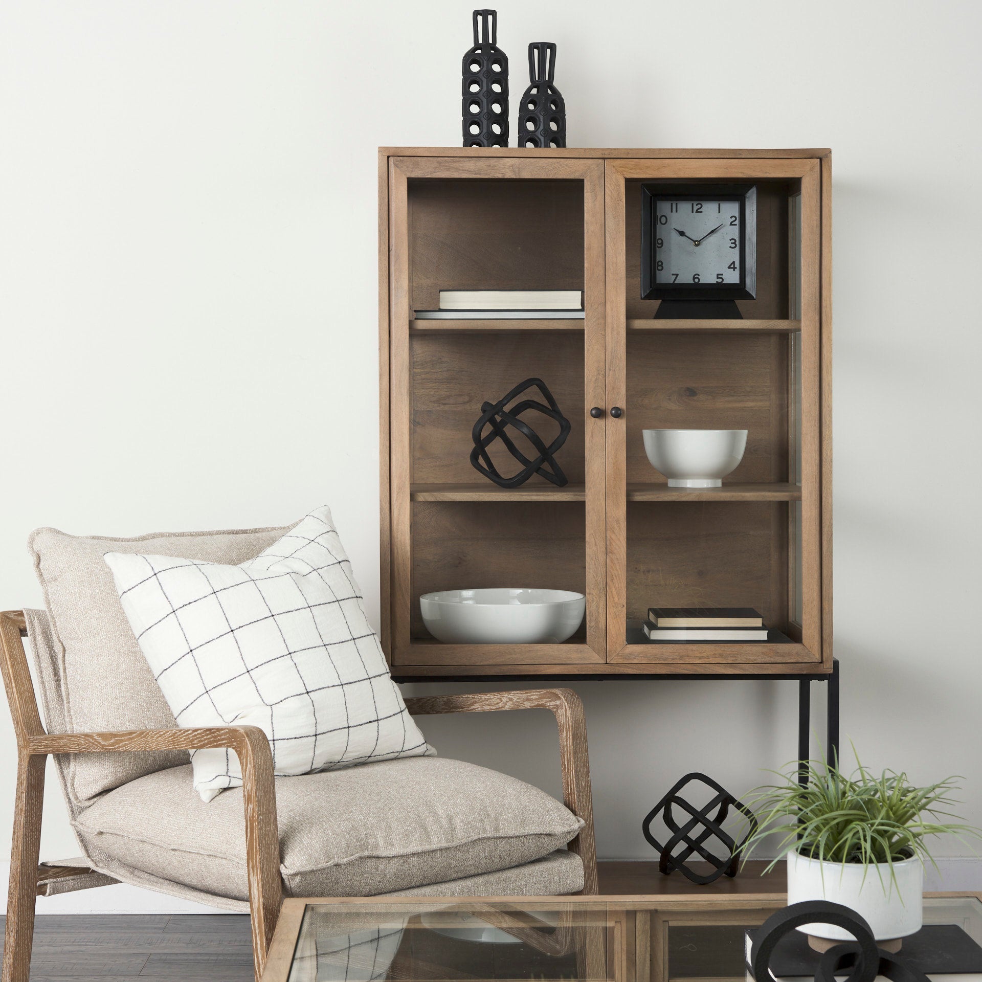 Mercana Arelius Light Brown Wood with Black Metal Base Display Cabinet