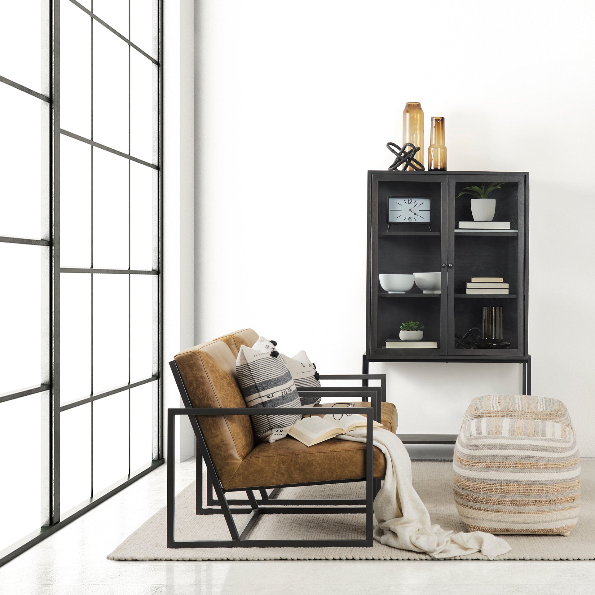 Mercana Arelius Light Brown Wood with Black Metal Base Display Cabinet