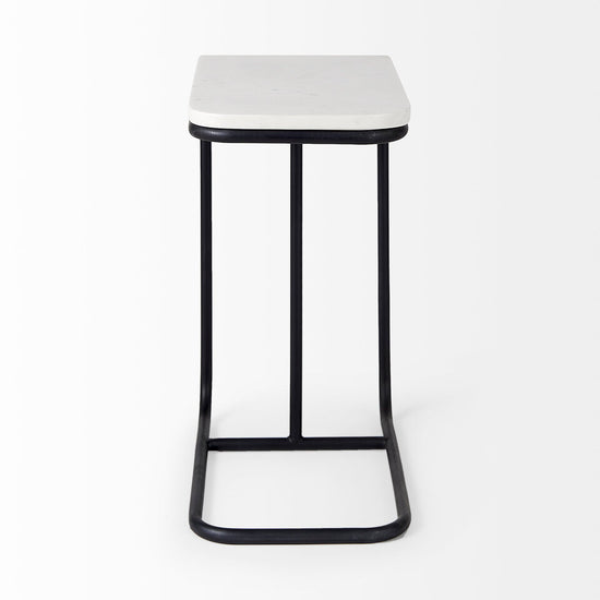 Mercana Kyra 12.0L x 20.0W x 23.0H White Marble Top with Black Iron Frame C-Shaped End and Side Table